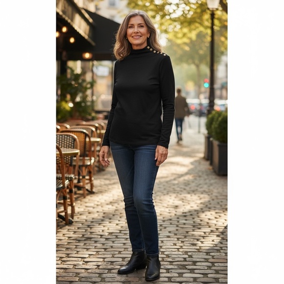 New J. Crew Mock Neck Button Shoulder Black Cotton Long Sleeve Preppy Top Size L - Picture 4 of 9